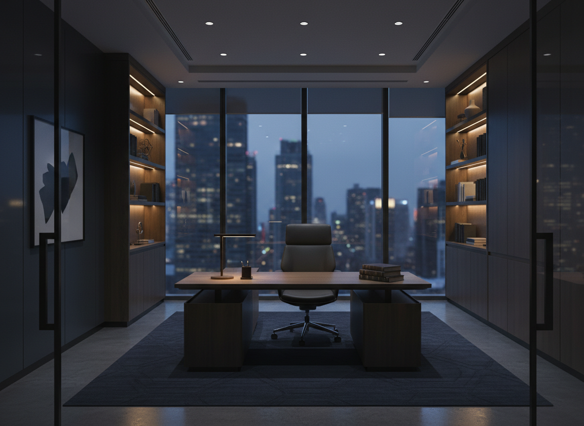 Elegant modern law office interior at dusk, dark moody atmosphere, dark navy and charcoal tones, a sleek wooden desk with legal books and a lamp, floor-to-ceiling windows with city view, sophisticated professional lawyer environment, cinematic soft lighting, muted refined palette, no people, no text
