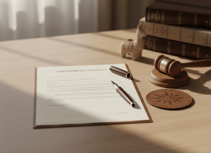 Professional legal editorial image for a Peruvian labor law article. A clean desk with a formal employment contract document, a pen, and subtle Peruvian legal context. Soft natural lighting, muted warm tones — beige, cream, dark brown. Minimalist and serious. No text, no people, no faces. Horizontal/landscape format.